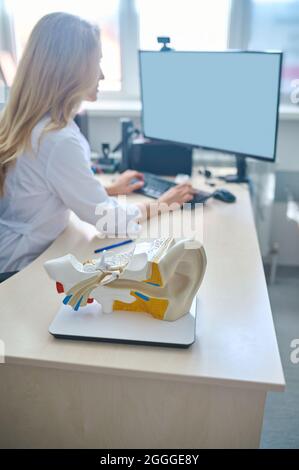 Blonde lady doctor working on the computer in her office Stock Photo