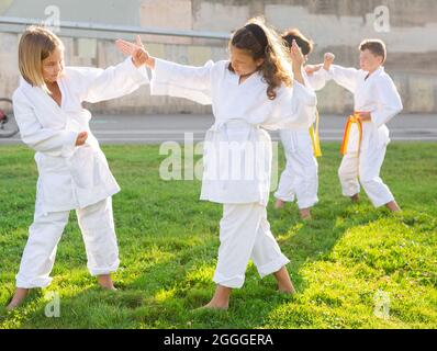 Preteen children practicing in pairs martial arts movements on green sports field Stock Photo