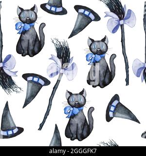 Watercolor seamless hand drawn pattern illustration with witch black cat broom hat. For Halloween decor wallpaper fabric prints. Paste blue design for fall baby boy shower Stock Photo