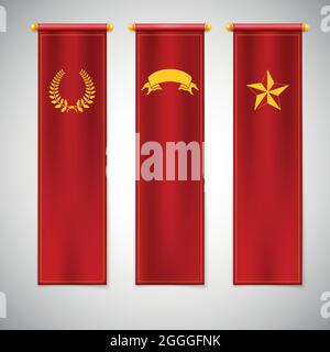 Vertical red flags with emblems. Stock Vector