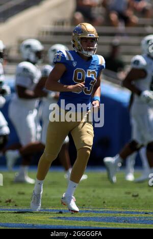 August 28, 2021 - UCLA Bruins place kicker RJ Lopez #93 during a game between the UCLA Bruins and the Hawaii Rainbow Warriors at the Rose Bowl in Pasadena, CA - Michael Sullivan/CSM Stock Photo