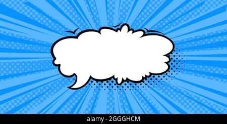 Speech bubble in blue halftone background. Promotion banner template with speech cloud in comic style. Vector illustration Stock Vector