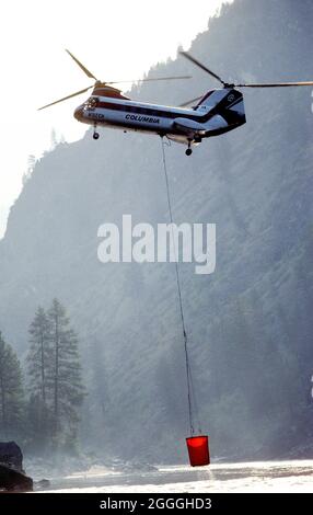 Boeing CH-47 Chinook Helicopter filling water bucket out of the Salmon River fighting a fire in the Gospel Hump Wilderness in central Idaho Stock Photo