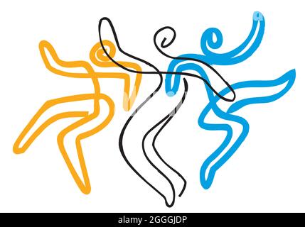 Lively dancing people, folk dance symbol.  Expressive, line art stylized illustrations of dancers .Isolated on white background. Vector available. Stock Vector