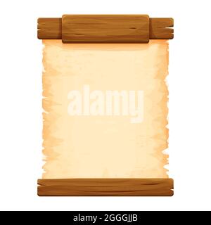 Wood planks with parchment paper in cartoon style isolated on white background. Frame, medieval panel, menu. Empty gui asset, signboard. Vector illustration Stock Vector