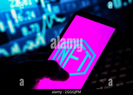 Brazil. 29th Aug, 2021. In this photo illustration the Non-fungible token (NFT) logo seen displayed on a smartphone. (Photo by Rafael Henrique/SOPA Images/Sipa USA) Credit: Sipa USA/Alamy Live News Stock Photo