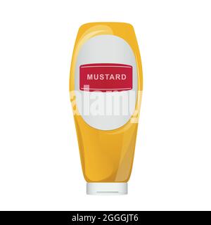 Mustard in yellow bottle. Dijon honey sauce cream. Vector design in cartoon style for food branding. Stock Vector