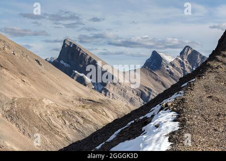 Block Mountain and Noetic Peak Telephoto Detail from Badger Pass on Sawback Circuit.  Summertime Hiking in Banff National Park, Canadian Rockies Stock Photo