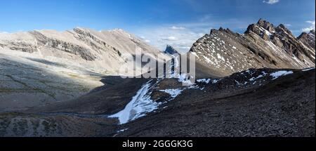 Wide Panoramic Landscape at Badger Pass, a High Mountain Col in Sawback Mountain Range, Banff National Park Canadian Rockies Stock Photo