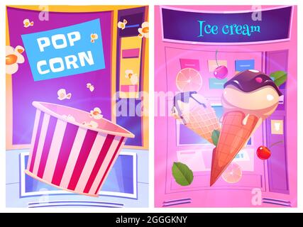 Pop corn and ice cream snacks at vending machine cartoon ad posters. Sweet desserts shop, product retail business, vendor automated booths with slots and glowing digital display, Vector illustration Stock Vector