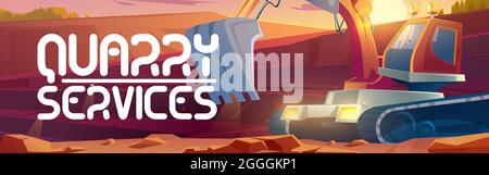 Quarry services cartoon banner, excavator mining on career, heavy industrial machinery and transport works. Coal or metal ore opencast pit mine production, stone quarrying equipment vector concept Stock Vector