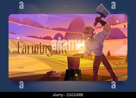Farming life banner with man chopping wood on agriculture fields at sunset. Vector landing page with cartoon illustration of farmer with ax cutting timbers. Lumberjack with mustache and hatchet Stock Vector