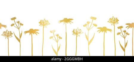 Floral seamless vector border metallic gold foil effect. Horizontal flower banner wild grass flowers elegant golden on white. Use for card decor Stock Vector