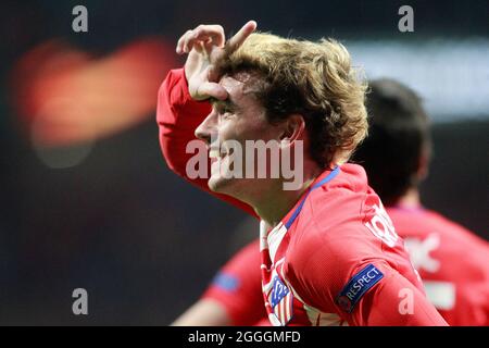 File photo dated April 5, 2018 of Atletico de Madrid's Antoine Griezmann celebrates goal during Europa League Quarter-finals, 1st leg. La Liga champions Atletico Madrid have re-signed forward Antoine Griezmann from Barcelona on a one-year loan deal. Atletico will pay the player's wages and there is a compulsory clause to make the transfer permanent. Photo by Acero/Alterphotos/ABACAPRESS.COM Stock Photo