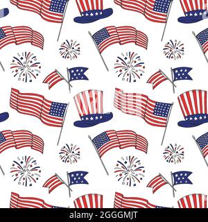 Patriotic seamless pattern with USA flags, firework, Uncle Sam hat. Vector illustration Stock Vector