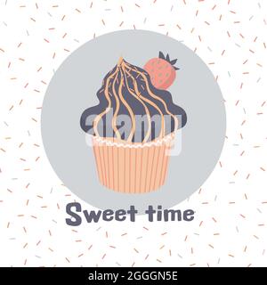 Sweet time card with cupcake. Cute blue muffin with strawberry. Vector illusrtation in light pastel colors Stock Vector
