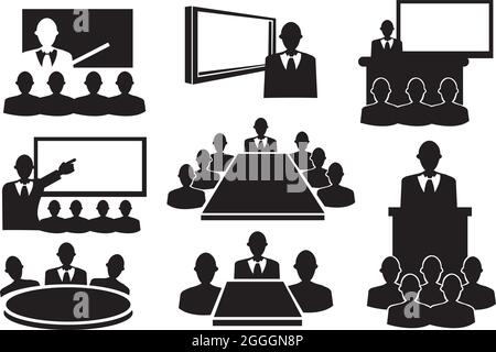 Conceptual vector illustration. Black and white icons for business meeting. Stock Vector