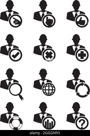 Vector illustration of business man and job related function in circle. Black and white icon set. Stock Vector