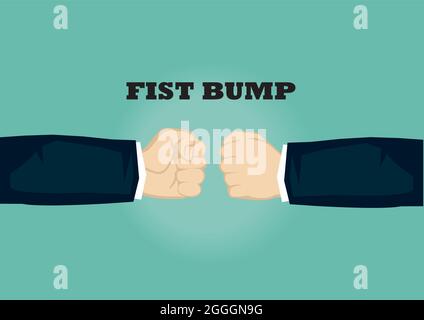 Hands from two sides with clenched fists bumping. Vector cartoon isolated for fist bump gesture isolated on plain green background. Stock Vector