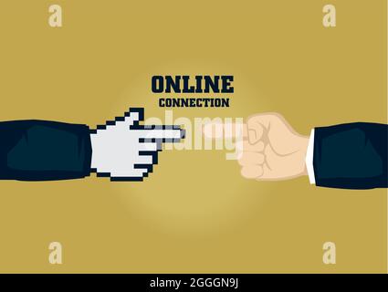 Human finger touching pixelated digital finger. Creative vector business illustration on digital connection for businesses concept isolated on plain b Stock Vector