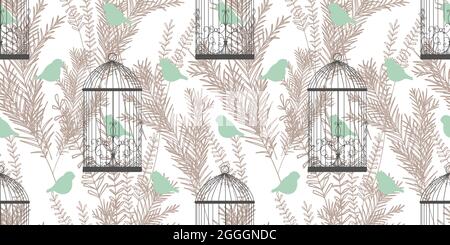 Stylish pattern with birds and cages in Victorian style. Birds of Paradise. Golden branches drawing. A modern pattern for wallcoverings, fabrics and t Stock Vector