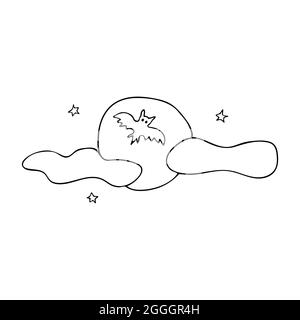 A bat flies against the backdrop of a full moon among stars and clouds at night. Doodle style. Black and white vector illustration. Nocturnal animal. Stock Vector