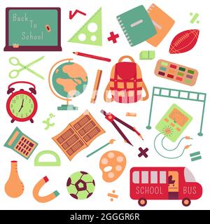 Back to school elements set. Vector illustration. Board, briefcase, notebooks, supplies for drawing, mathematics and physics, physical education and g Stock Vector