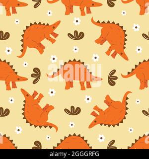Seamless pattern Stegosaurus dinosaur. Large herbivore, extinct ancient lizard with thorns on back, Jurassic period. Flower and bushes. Colorful vecto Stock Vector
