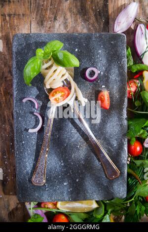 Presentation of Pici, spaghetti handmade from Tuscany Italy Stock Photo