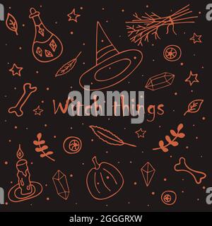 Set of witch things for Halloween. Hat with cap, dead bones, pumpkin and herbs, human eyeballs, leaves and twigs, candle and stars, magic potion, ruby Stock Vector