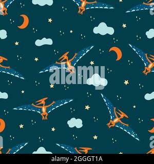 Seamless pattern Pterosaur. Flying archosaurus pterodactyl, extinct ancient winged lizard, Jurassic period. Mesozoic era. Night sky with stars, clouds Stock Vector