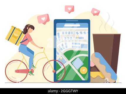 The concept of food delivery via an online application from restaurants and cafes.  Stock Vector