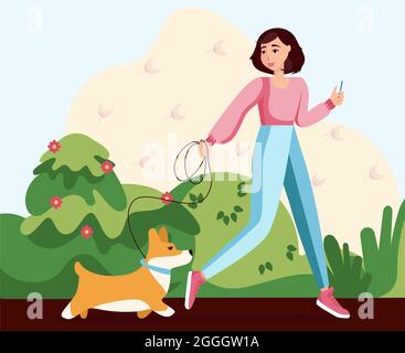 Concept illustration of girl walking with corgi in the park, illustration in a flat style isolated on abstract yellow background. Stock Vector