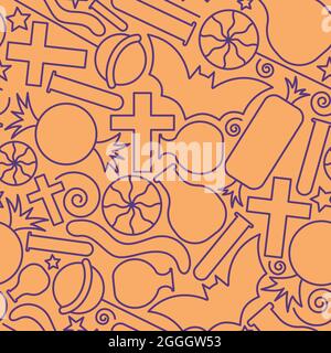 Seamless outline pattern of halloween symbols and candies in flat style isolated on the orange background. Stock Vector