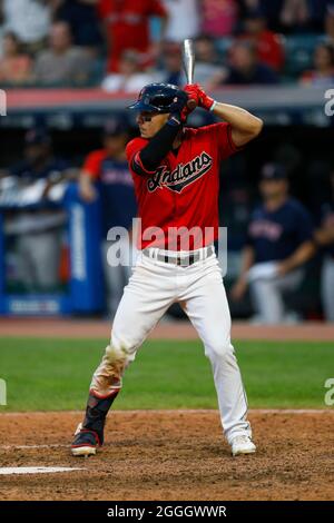 Andres Gimenez of the Cleveland Indians bats against the Los