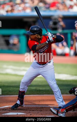 Cleveland Indians' Jose Ramirez bats in the third inning of a baseball ...