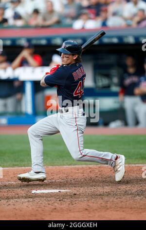 Cleveland, United States. 26th June, 2022. CLEVELAND, OH - JUNE 26: Boston  Red Sox center fielder Jarren Duran (40) doubles to right field in the  fourth inning against the Cleveland Guardians at