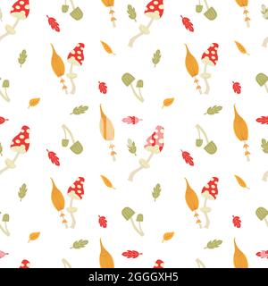Autumn mushrooms with colorful leaves. Seamless illustration with amanita and toadstools. Fabric, background or wallpaper. Stock Vector