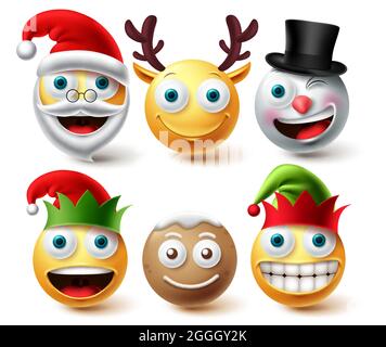 Christmas emoji vector set. Smiley xmas characters like santa, elf, gingerbread and raindeer icon collection facial expression isolated in white Stock Vector