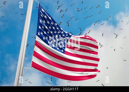 11 September USA Patriot's Day USA Patriot's Day background on the American flag.The flag of the United States of America flutters in the winds in the Stock Photo