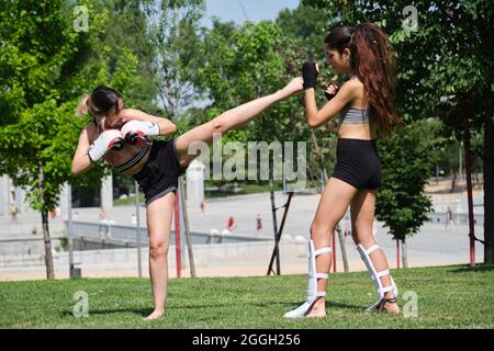 Two people practicing muay thai, boxing, kickboxing, in a park. Stock Photo