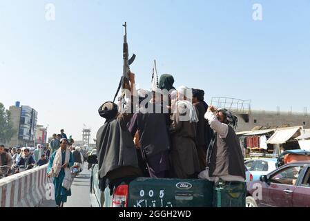 Kandahar city, Southern Afghanistan. 31st August 2021. Taliban fighters and their supporters celebrated across Afghanistan with the final departure of all U.S. troops. Brining to an end of 20 years of foreign military presence. Stock Photo