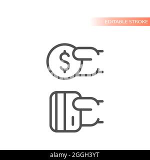 Cash and credit card payment line vector icon. Hand holding dollar coin and card, money symbol. Stock Vector