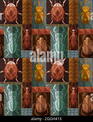 Seamless pattern with geometric insects in rectangle mosaic. Vector retro texture with geometrical stag beetle, flying ant, ladybug and triangle ornam Stock Vector