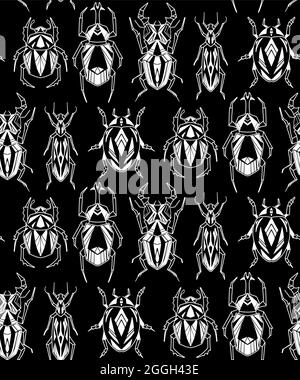 Seamless monochrome pattern with geometric chalk insects in row on black background. Vector texture with white geometric stag beetle, flying ant, lady Stock Vector