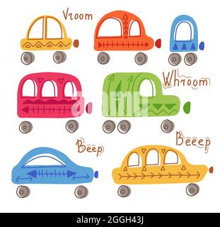 Set of cute childish hand drawn flat cars with tribal pattern and lettering on white background. Vector multicolored automobile with folk art. Cartoon Stock Vector