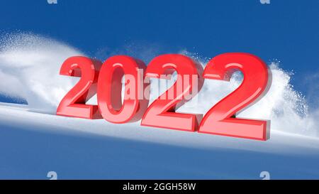 New Year red 2022 on a winter snow background, 3D illustration