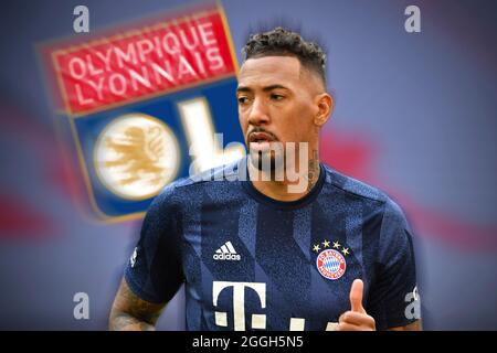 Munich, Deutschland. 01st Sep, 2021. PHOTOMONTAGE: Jerome BOATENG apparently before moving to Olympique Lyon. Archive photo: Jerome BOATENG (FC Bayern Munich) warming up, action, single image, cropped single motif, portrait, portrait, portrait. Soccer 1. Bundesliga season 2020/2021, 23.matchday, matchday23 FC Bayern Munich-1.FC Cologne 5-1, on 02.27.2021 ALLIANZ ARENA. Â Credit: dpa/Alamy Live News Stock Photo
