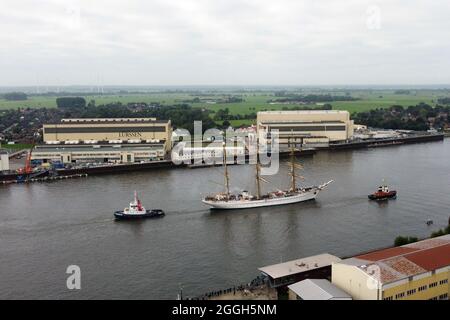 Lemwerder, Germany. 01st Sep, 2021. The Gorch Fock leaves the Lürssen shipyard. The training ship of the German Navy is to complete a two-day test cruise on the Weser and the North Sea. The Gorch Fock is scheduled to return to her home port of Kiel on 4 October. Credit: Markus Hibbeler/dpa/Alamy Live News Stock Photo