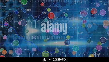 Image of digital icons and data processing with binary coding over world map in background Stock Photo